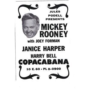1958 Vintage Copacabana Print Ad Mickey Rooney Joey Forman NYC